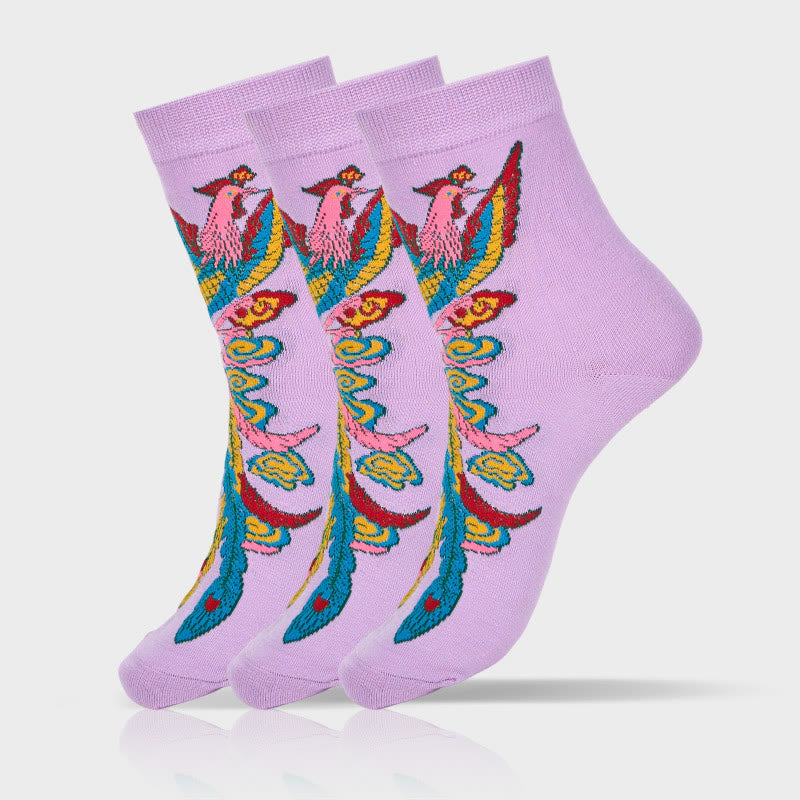 Buddha Stones Casual 3 Pairs Of Multicolored Phoenix Quarter Women's Socks