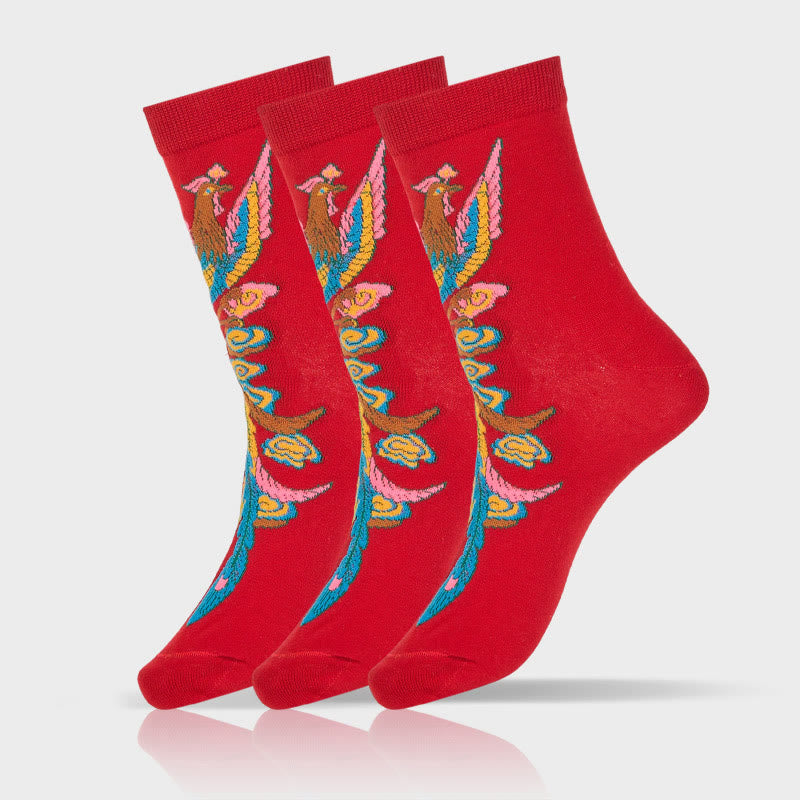 Buddha Stones Casual 3 Pairs Of Multicolored Phoenix Quarter Women's Socks