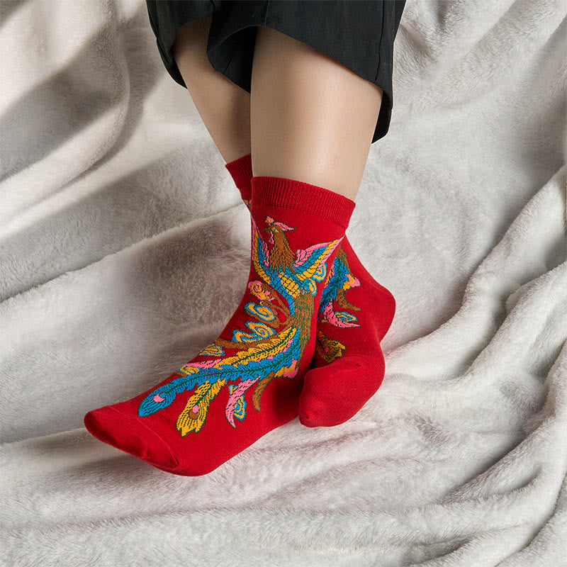 Buddha Stones Casual 3 Pairs Of Multicolored Phoenix Quarter Women's Socks