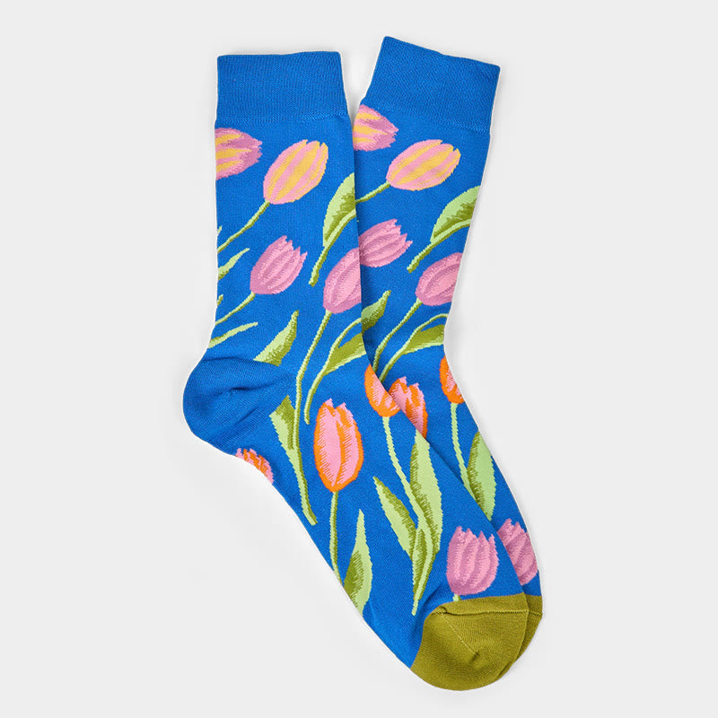 Buddha Stones Mediumblue Tulip Pattern Men Women Unisex Cotton Crew Socks
