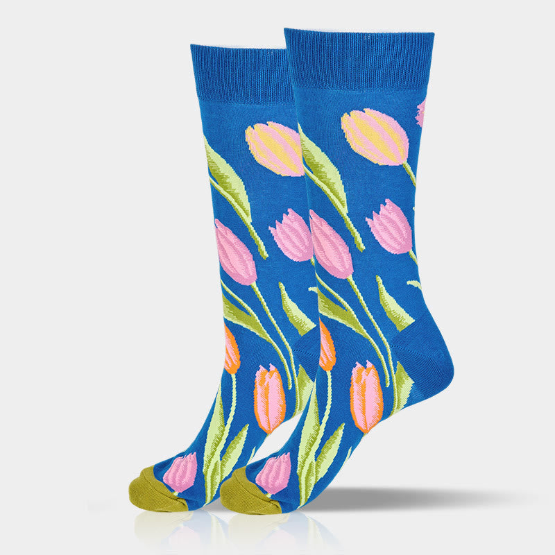 Buddha Stones Mediumblue Tulip Pattern Men Women Unisex Cotton Crew Socks