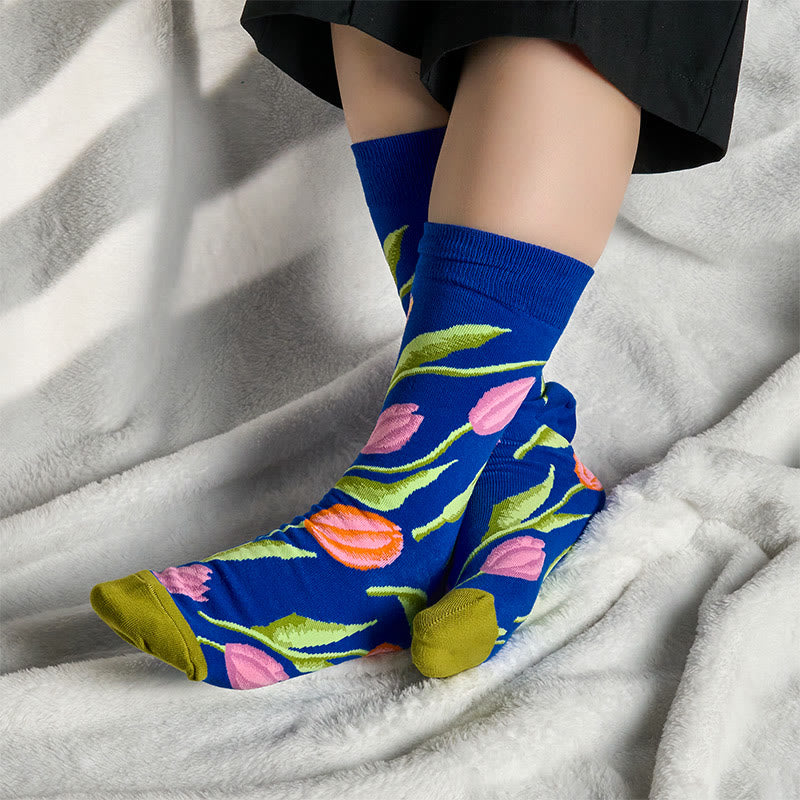 Buddha Stones Mediumblue Tulip Pattern Men Women Unisex Cotton Crew Socks