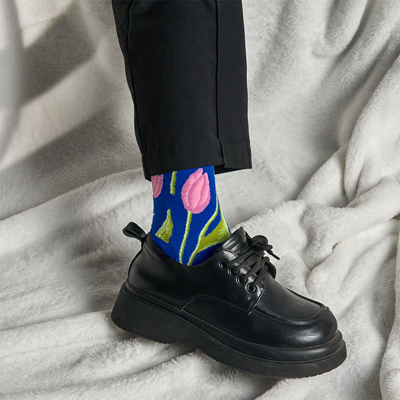 Buddha Stones Mediumblue Tulip Pattern Men Women Unisex Cotton Crew Socks