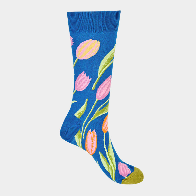 Buddha Stones Mediumblue Tulip Pattern Men Women Unisex Cotton Crew Socks