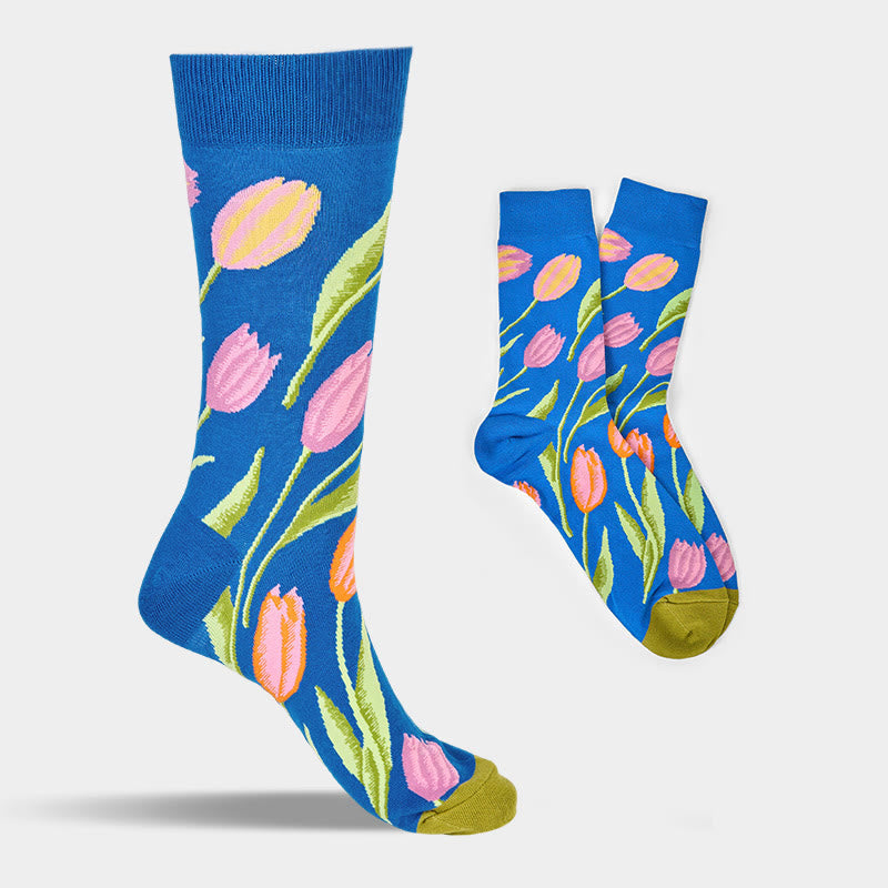 Buddha Stones Mediumblue Tulip Pattern Men Women Unisex Cotton Crew Socks