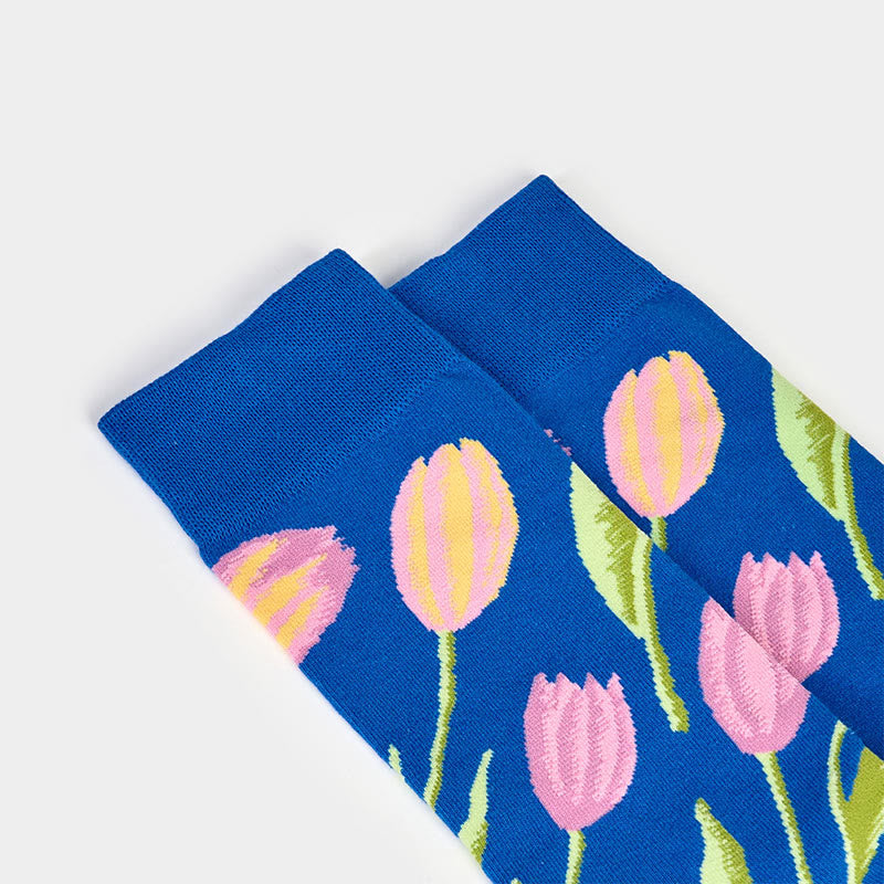Buddha Stones Mediumblue Tulip Pattern Men Women Unisex Cotton Crew Socks