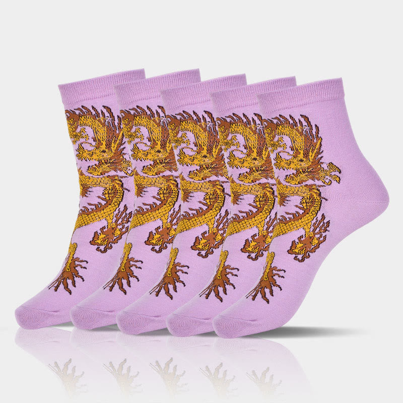 Buddha Stones Casual 5 Pairs of Golden Dragon Quarter Women's Socks