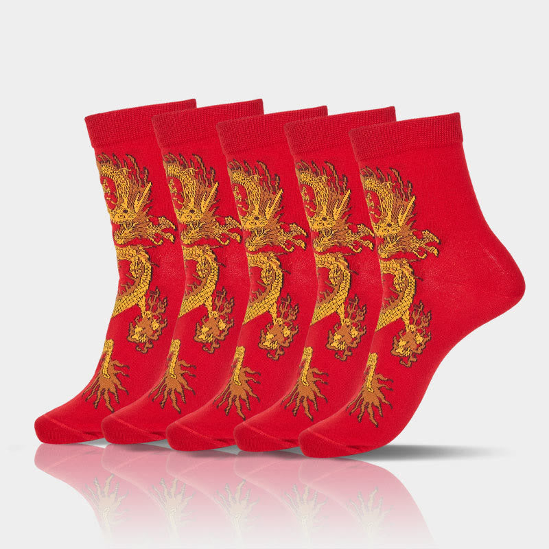 Buddha Stones Casual 5 Pairs of Golden Dragon Quarter Women's Socks