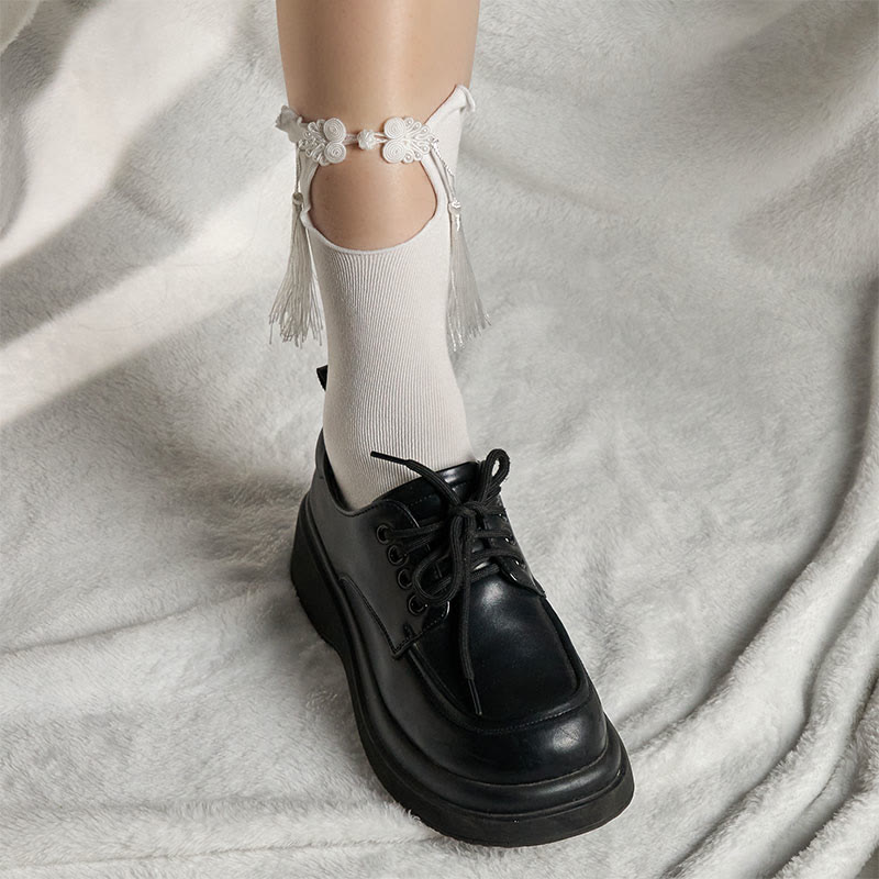 Buddha Stones Pure Color Chinese Frog-Button Tassels Design Women's Micro Crew Cotton Socks