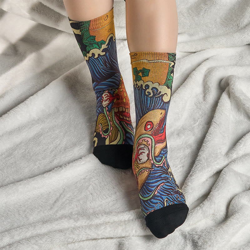 Buddha Stones Casual Vivid Fish Flowing Waves Micro Crew Men Women Unisex Socks