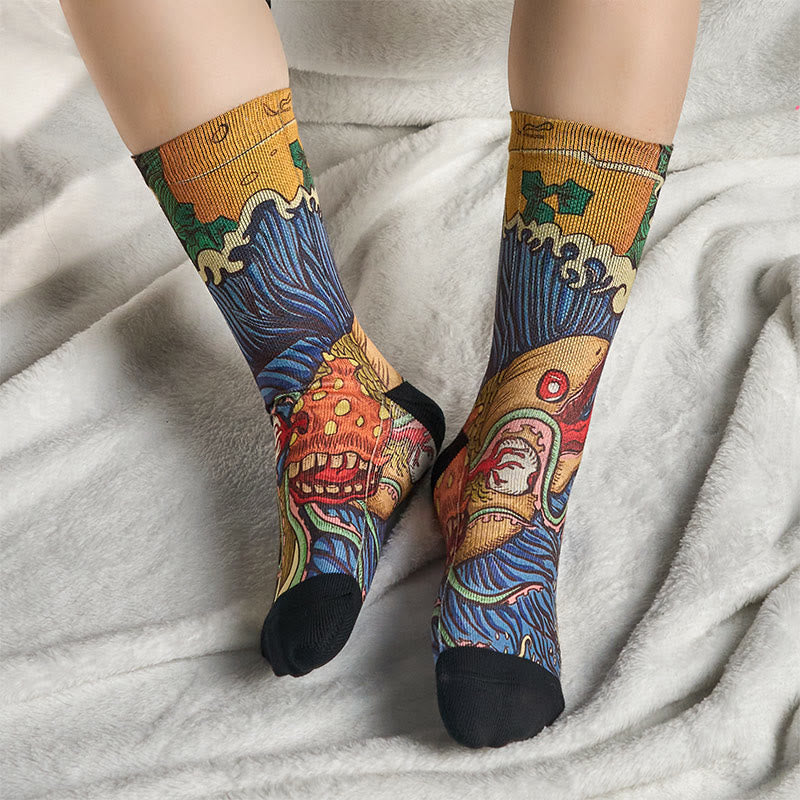 Buddha Stones Casual Vivid Fish Flowing Waves Micro Crew Men Women Unisex Socks