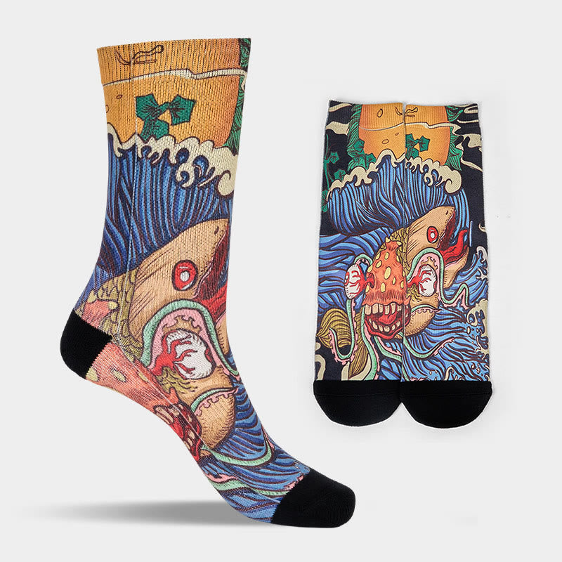 Buddha Stones Casual Vivid Fish Flowing Waves Micro Crew Men Women Unisex Socks