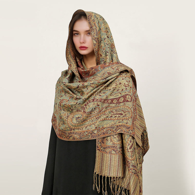 Buddha Stones Ethnic Daily Tibetan Paisley Pattern Tassel Cozy Scarf Shawl
