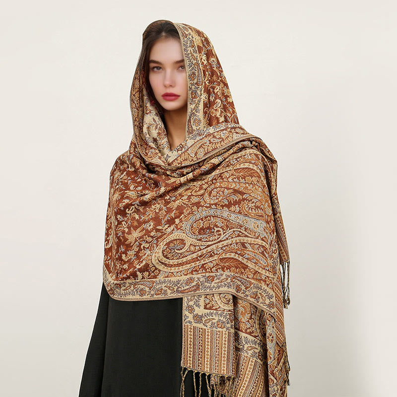 Buddha Stones Ethnic Daily Tibetan Paisley Pattern Tassel Cozy Scarf Shawl