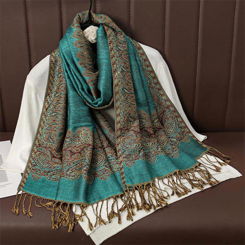Buddha Stones Winter Ethnic Tibetan Jacquard Paisley Printing Pattern Tassel Cozy Scarf Shawl