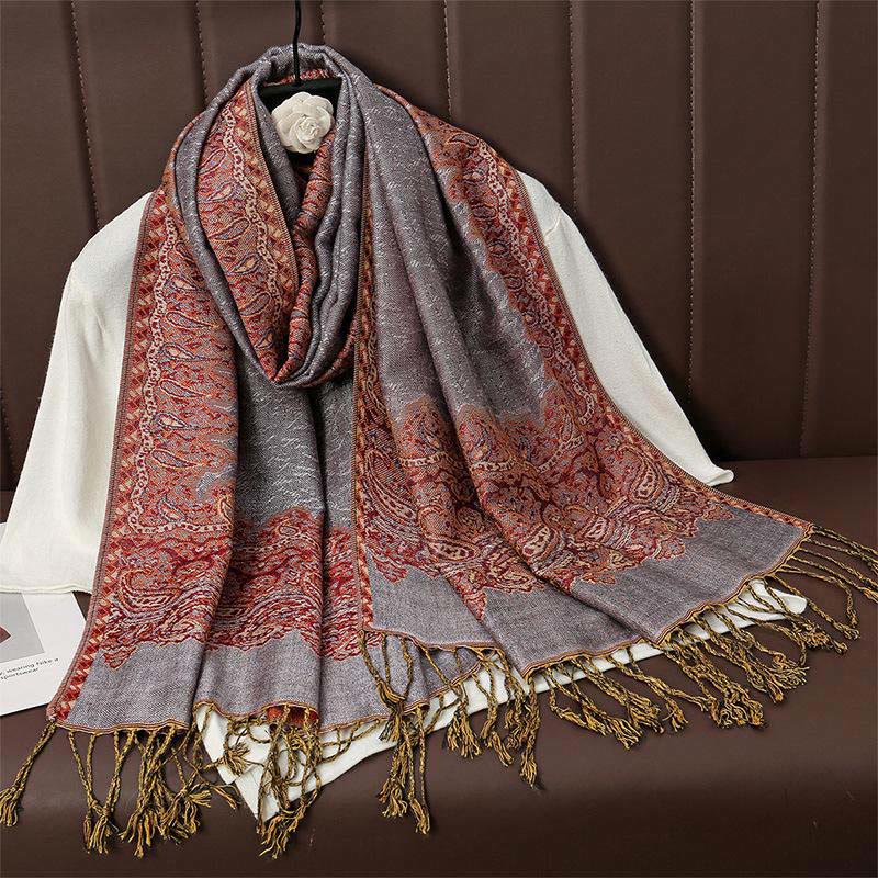 Buddha Stones Winter Ethnic Tibetan Jacquard Paisley Printing Pattern Tassel Cozy Scarf Shawl