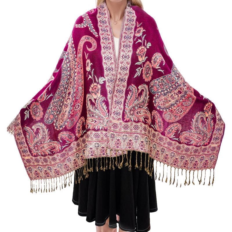 Buddha Stones Bohemia Style Tibetan Paisley Floral Pattern Tassel Cozy Scarf Shawl