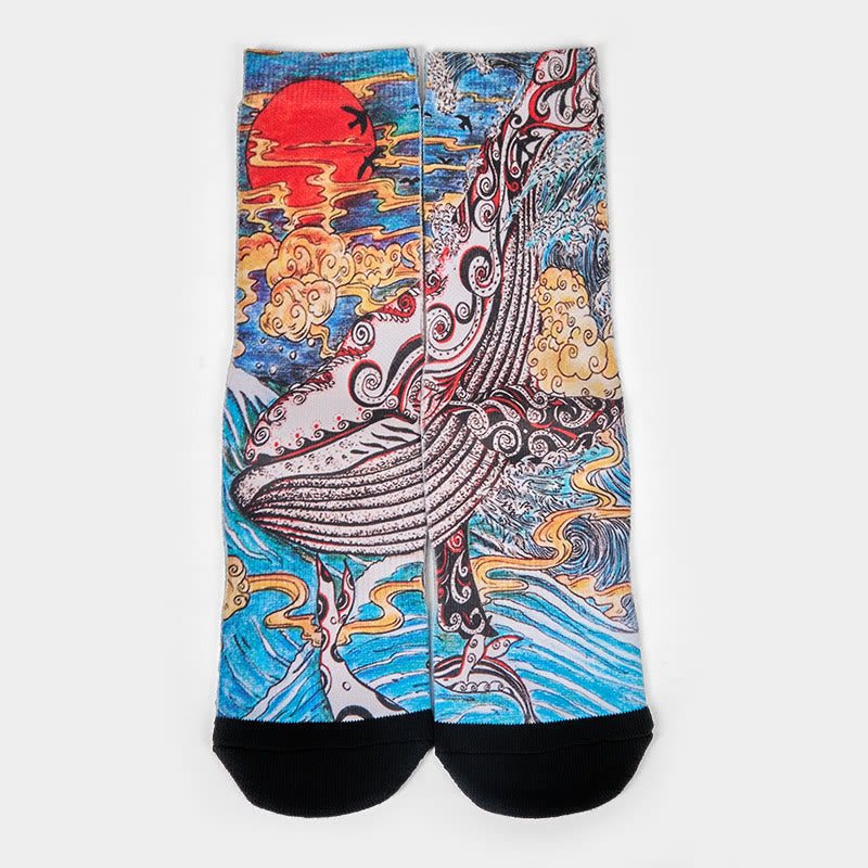 Buddha Stones Casual Whale Waves Sunset Micro Crew Men Women Unisex Socks