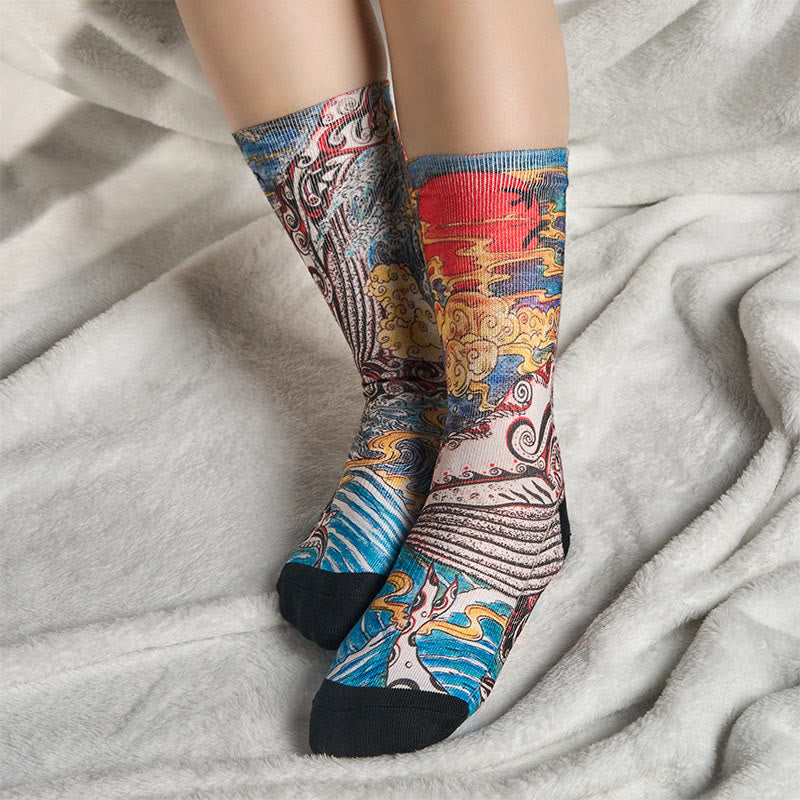 Buddha Stones Casual Whale Waves Sunset Micro Crew Men Women Unisex Socks