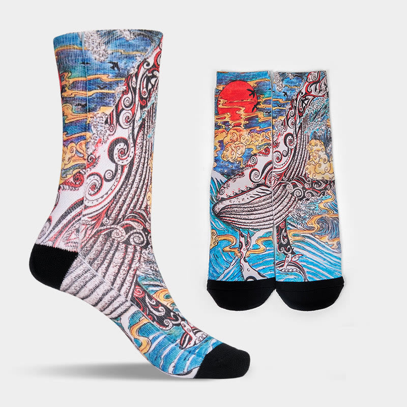 Buddha Stones Casual Whale Waves Sunset Micro Crew Men Women Unisex Socks