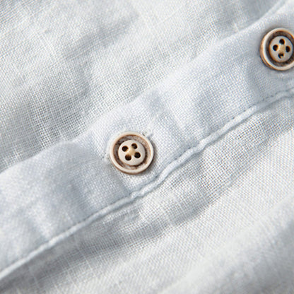 Buddha Stones Solid Color Long Sleeve Half Button Shirt Cotton Linen Men Clothing