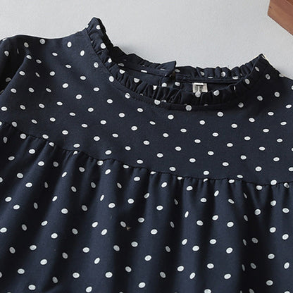 Buddha Stones Spring Dot Pattern Ruffle Crew Neck Long Sleeve Cotton Linen Midi Dress With Pockets