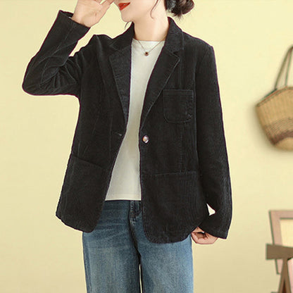 Buddha Stones Retro Plain Women's Cotton Long Sleeve Corduroy Jacket With Pockets
