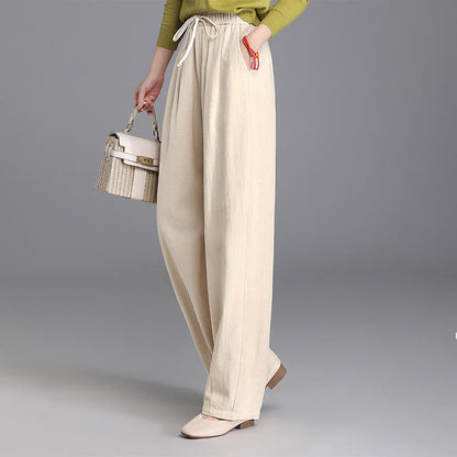 Buddha Stones Women's Casual Vintage Plain Drawstring Carrot Design Cotton Linen Pants With Pockets