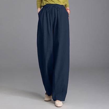 Buddha Stones Women's Casual Vintage Plain Drawstring Carrot Design Cotton Linen Pants With Pockets
