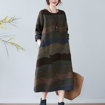 Buddha Stones Ethnic Printing Striped Pattern Long Sleeve Cotton Linen Midi Dress With Pockets