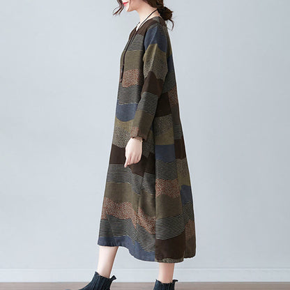 Buddha Stones Ethnic Printing Striped Pattern Long Sleeve Cotton Linen Midi Dress With Pockets
