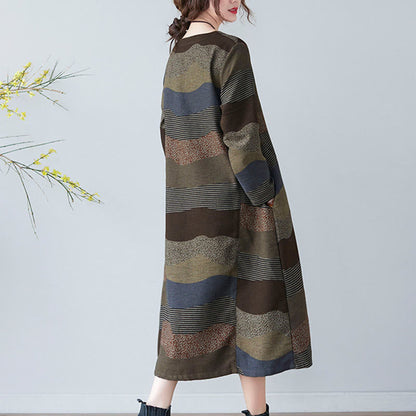 Buddha Stones Ethnic Printing Striped Pattern Long Sleeve Cotton Linen Midi Dress With Pockets