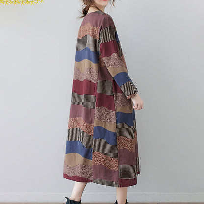 Buddha Stones Ethnic Printing Striped Pattern Long Sleeve Cotton Linen Midi Dress With Pockets