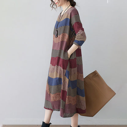 Buddha Stones Ethnic Printing Striped Pattern Long Sleeve Cotton Linen Midi Dress With Pockets