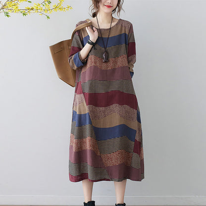 Buddha Stones Ethnic Printing Striped Pattern Long Sleeve Cotton Linen Midi Dress With Pockets