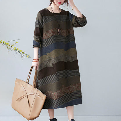 Buddha Stones Ethnic Printing Striped Pattern Long Sleeve Cotton Linen Midi Dress With Pockets