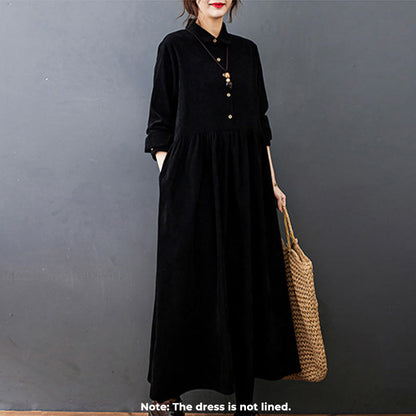 Buddha Stones Fall Buttons Design Long Sleeve Cotton Corduroy Midi Dress With Pockets