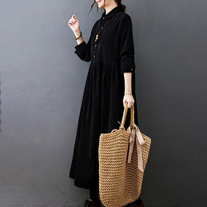 Buddha Stones Fall Buttons Design Long Sleeve Cotton Corduroy Midi Dress With Pockets