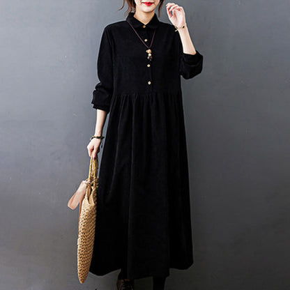 Buddha Stones Fall Buttons Design Long Sleeve Cotton Corduroy Midi Dress With Pockets