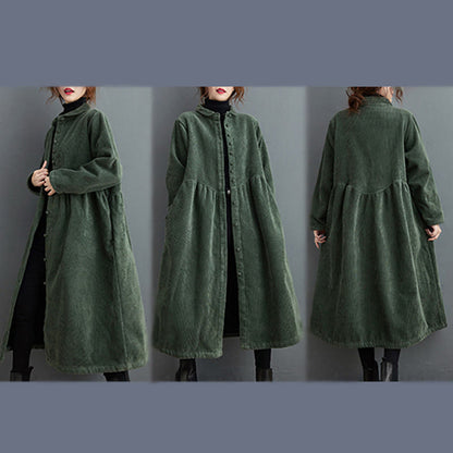 Buddha Stones Plain Buttons Long Sleeve Women's Cotton Corduroy Fleece-Lined Coat With Pockets