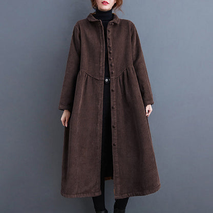 Buddha Stones Plain Buttons Long Sleeve Women's Cotton Corduroy Fleece-Lined Coat With Pockets