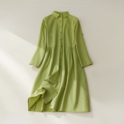 Buddha Stones Causal Commute Plain Buttons Design Long Sleeve Cotton Midi Dress With Pockets