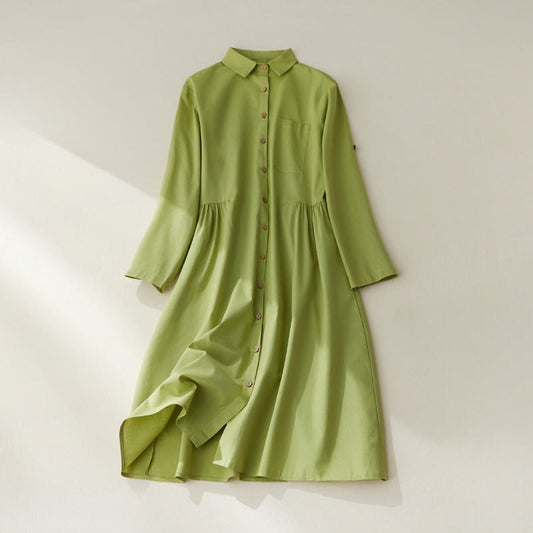 Buddha Stones Causal Commute Plain Buttons Design Long Sleeve Cotton Midi Dress With Pockets