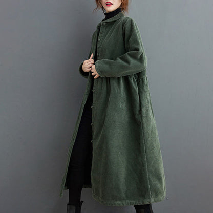Buddha Stones Plain Buttons Long Sleeve Women's Cotton Corduroy Fleece-Lined Coat With Pockets