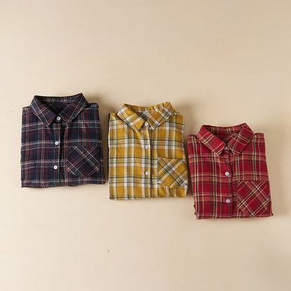 Buddha Stones Spring Color Contrast Plaid Pattern Lapel Long Sleeve Cotton Midi Dress With Pockets