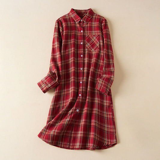Buddha Stones Spring Color Contrast Plaid Pattern Lapel Long Sleeve Cotton Midi Dress With Pockets
