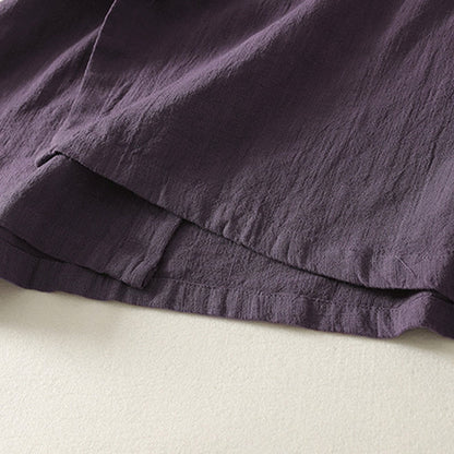 Buddha Stones Vintage Plain Frog Buttons Asymmetrical Design Long Sleeve Cotton Linen Midi Dress