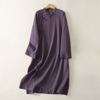Buddha Stones Vintage Plain Frog Buttons Asymmetrical Design Long Sleeve Cotton Linen Midi Dress