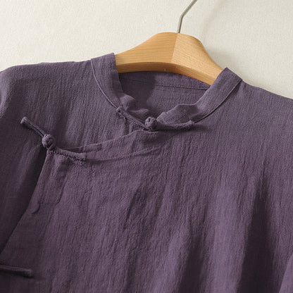 Buddha Stones Vintage Plain Frog Buttons Asymmetrical Design Long Sleeve Cotton Linen Midi Dress