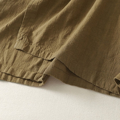 Buddha Stones Vintage Plain Frog Buttons Asymmetrical Design Long Sleeve Cotton Linen Midi Dress